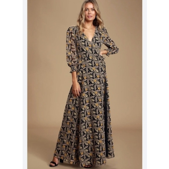 Lulus Dresses & Skirts - Lulus Meet Me There Black Multi Floral Print Wrap Maxi Dress Medium